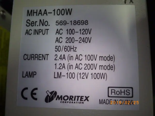 モリテックス Moritex MHAA-100W 銘板写真(2/2)