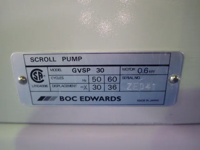 エドワーズ Edwards GVSP30 銘板写真(2/2)