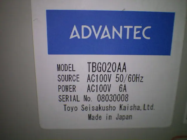 アドバンテック Advantec TBG020AA 銘板写真(2/2)