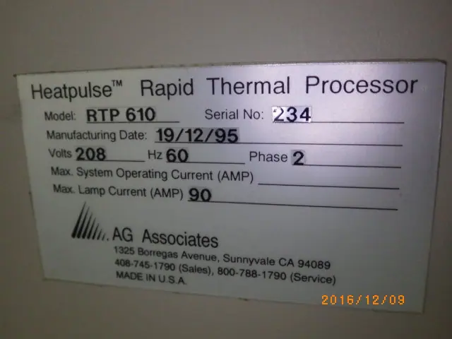 AG Associates RTP610 銘板写真(2/2)