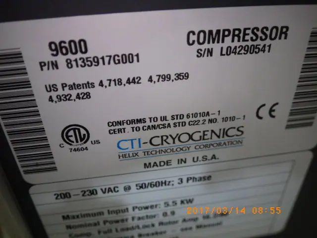 CTI-CRYOGENICS 9600 銘板写真(2/2)