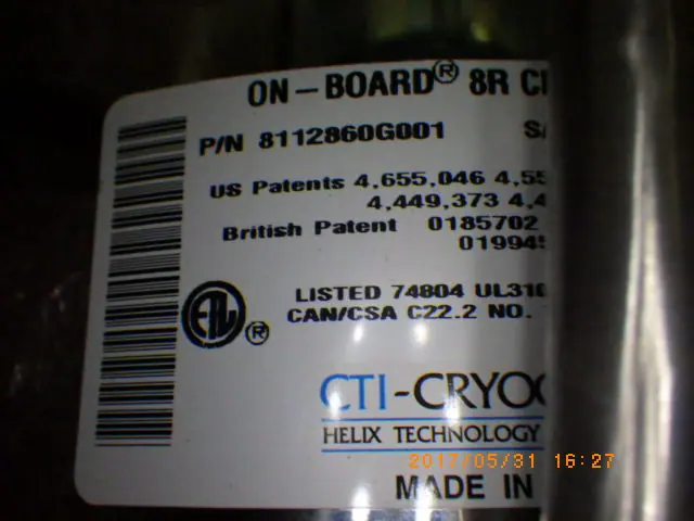 CTI-CRYOGENICS ONBOARD 8R 銘板写真(2/2)