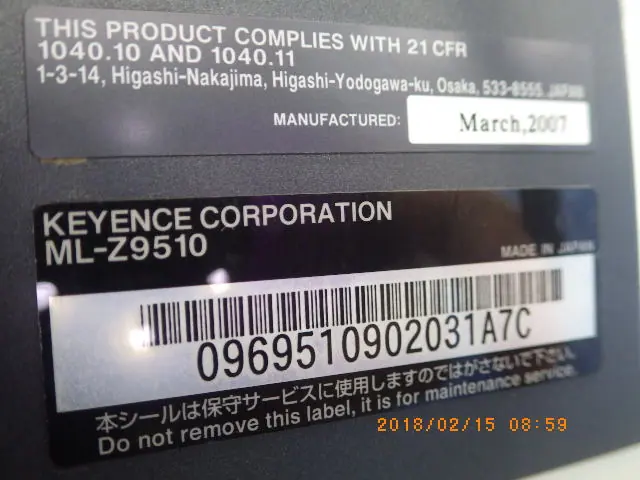 キーエンス Keyence ML-Z9510 銘板写真(2/2)