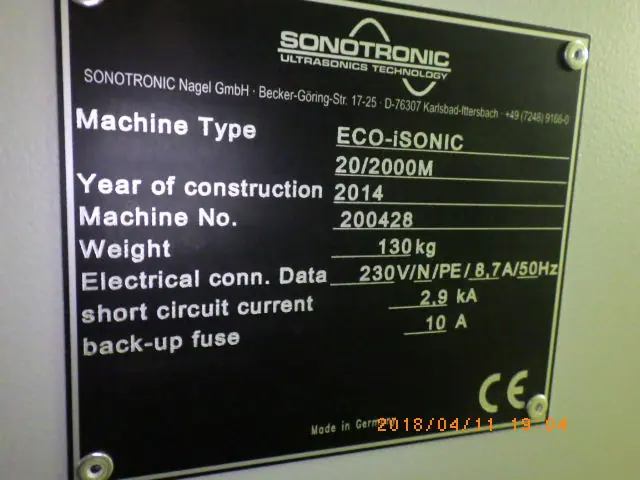 SONOTRONIC ECOiSONIC 20kHz 銘板写真(2/2)