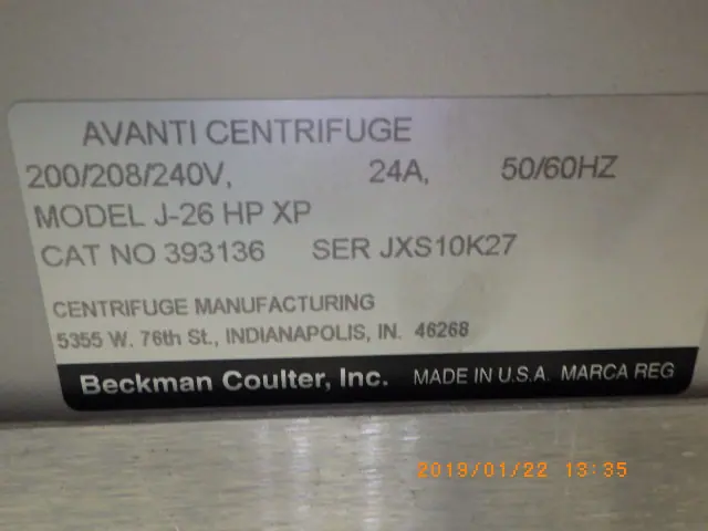 ベックマンコールター BeckmanCoulter Avanti HP-26XP 銘板写真(2/2)