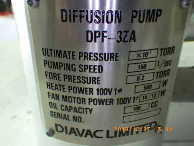 大亜真空 DIAVAC DPF-3ZA 銘板写真(2/2)