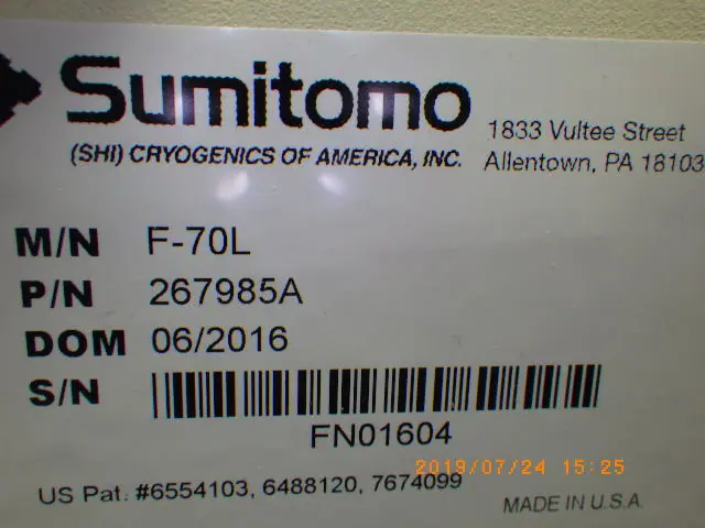 住友重機械工業 Sumitomo Heavy Industries F-70L 銘板写真(2/2)