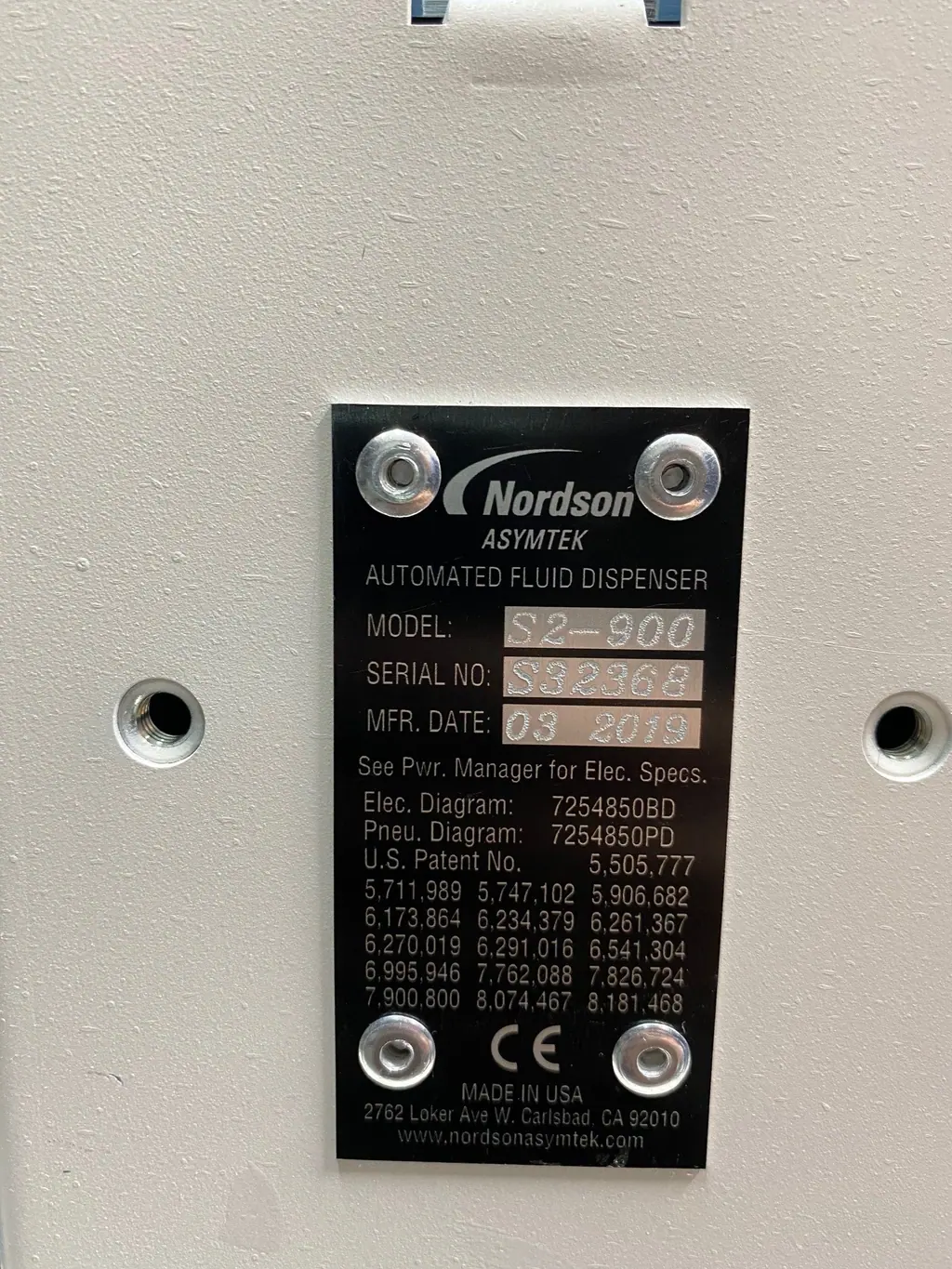 ノードソン Nordson Specturn S2-900 銘板写真(2/2)