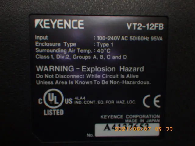 キーエンス Keyence VT2-12FB 銘板写真(2/2)