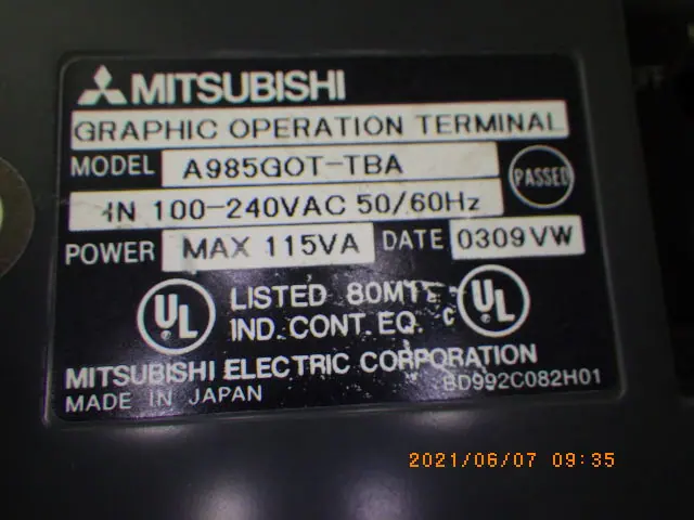 三菱電機 Mitsubishi A985GOT-TBA 銘板写真(2/2)