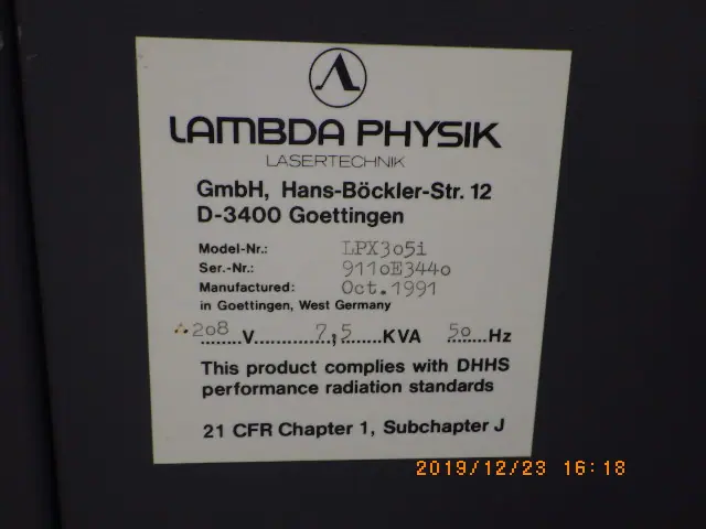 Lambda Physik LPX305i 銘板写真(2/2)