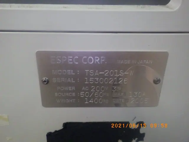 エスペック Espec TSA-201S-W 銘板写真(2/2)