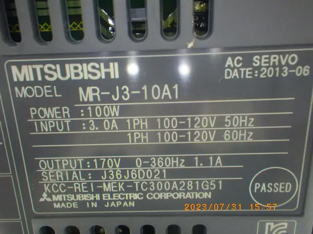 三菱電機 Mitsubishi MR-J3-10A1 銘板写真(2/2)