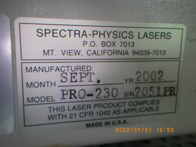 スペクトラ・フィジックス Spectra-Physics Quanta-Ray Pro-230 銘板写真(2/2)
