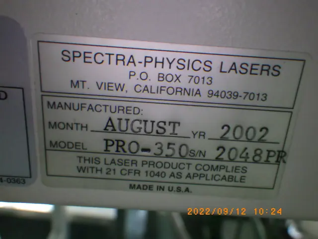 スペクトラ・フィジックス Spectra-Physics PRO-350/PS300 銘板写真(2/2)