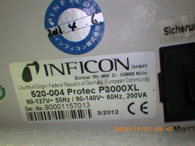 インフィコン Inficon P3000XL 銘板写真(2/2)
