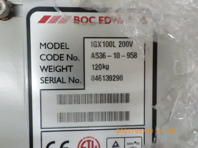 エドワーズ Edwards IGX/100L 200V 銘板写真(2/2)