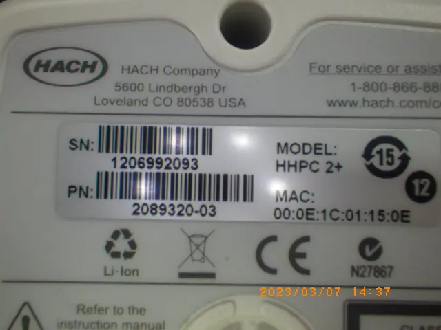 HACH ハック HHPC 2+ 銘板写真(2/2)
