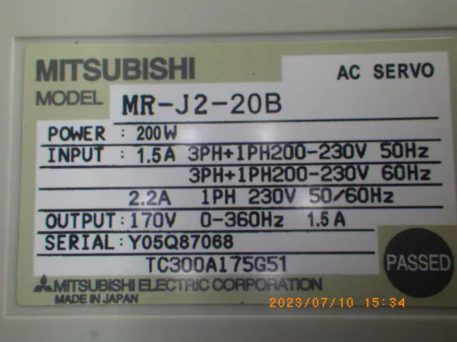 三菱電機 Mitsubishi MR-J2-20B 銘板写真(2/2)