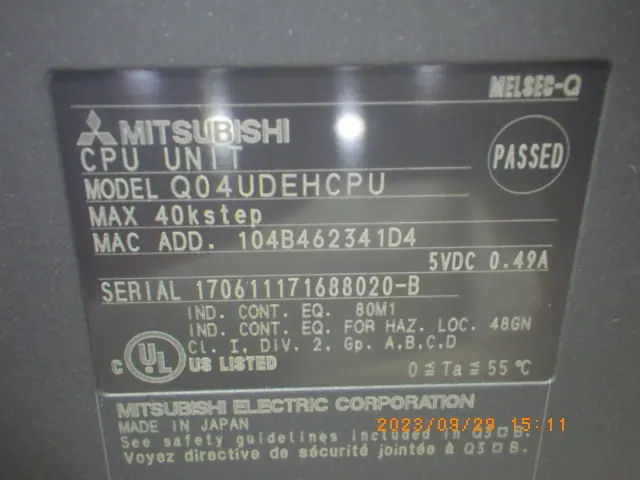 三菱電機 Mitsubishi Q04UDEHCPU 銘板写真(2/2)