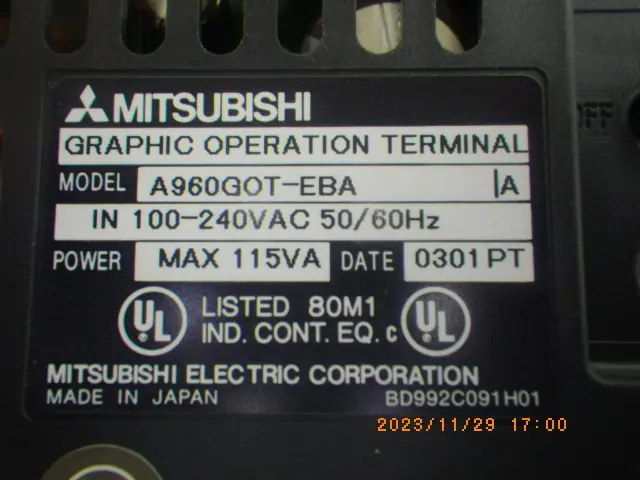 三菱電機 Mitsubishi A960GOT-EBA 銘板写真(2/2)