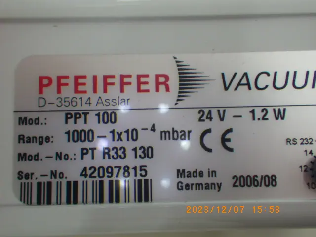 ファイファー Pfeiffer PPT100 銘板写真(2/2)