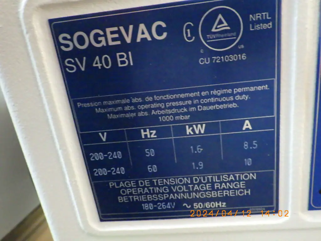 ライボルト Leybold SOGEVAC SV40BI 銘板写真(2/2)