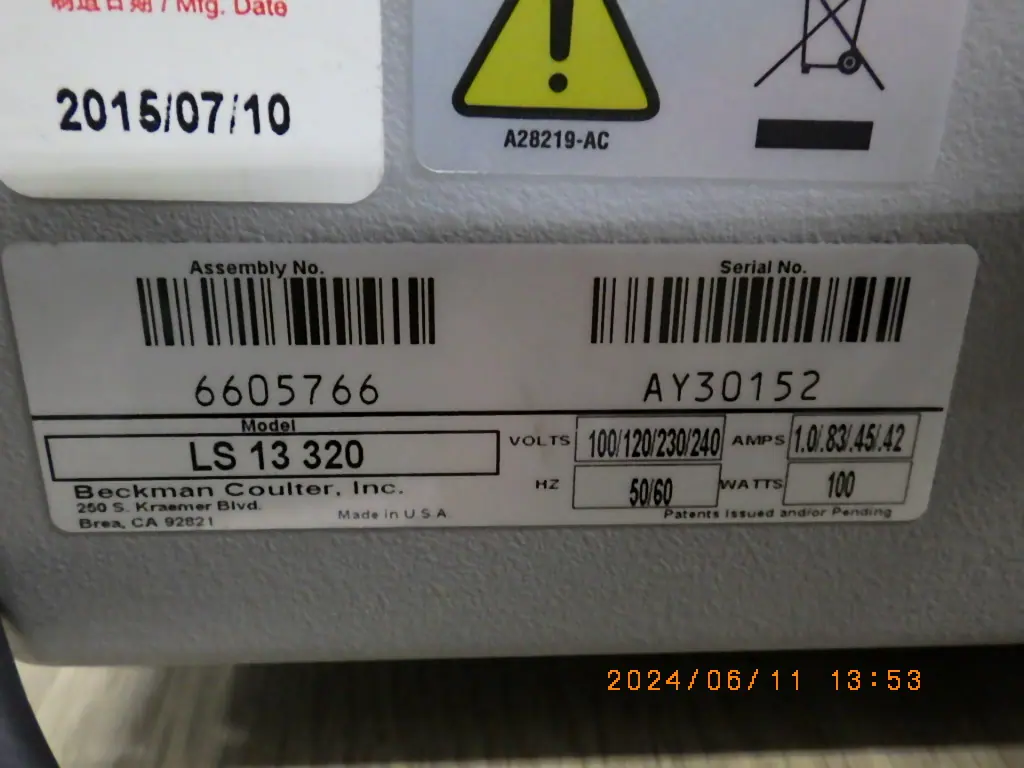 ベックマンコールター BeckmanCoulter SL13 320 銘板写真(2/2)