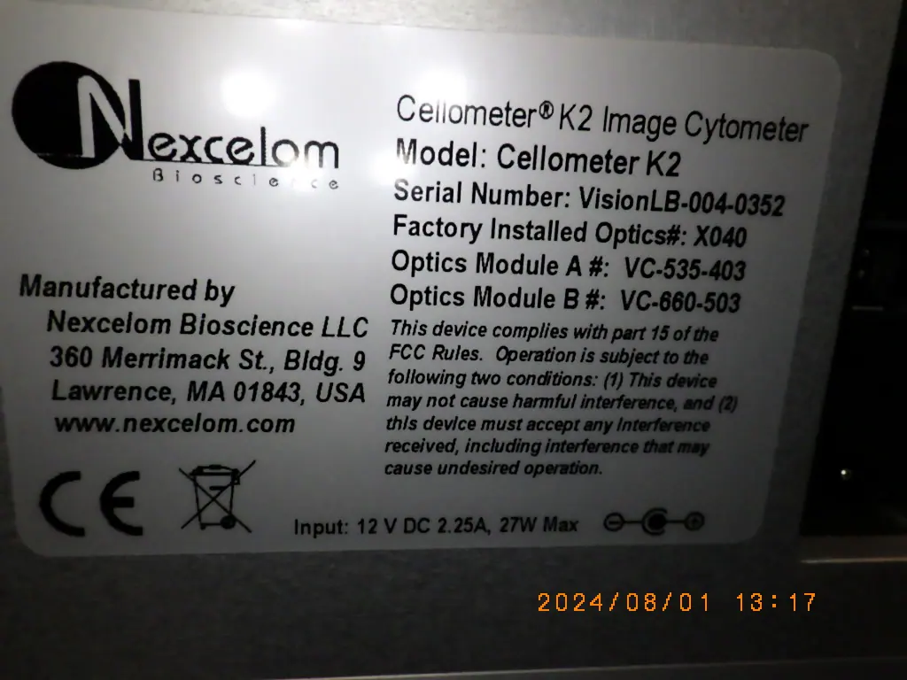 Nexcelom Cellometer K2 銘板写真(2/2)