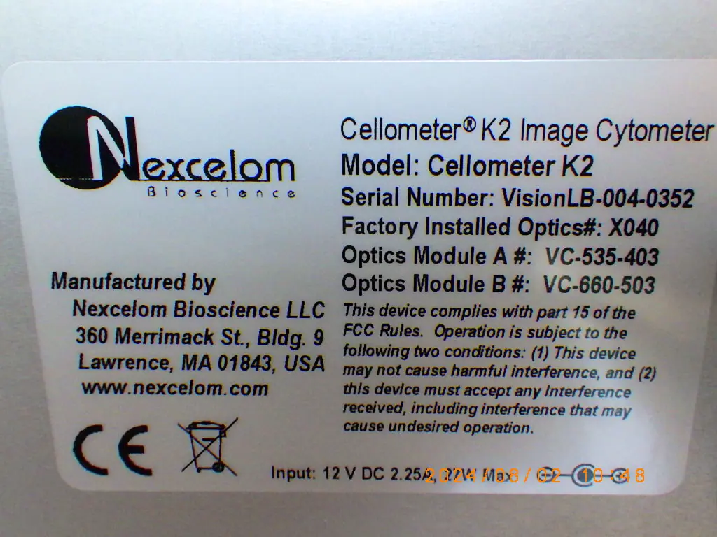 Nexcelom Cellometer K2 銘板写真(2/2)