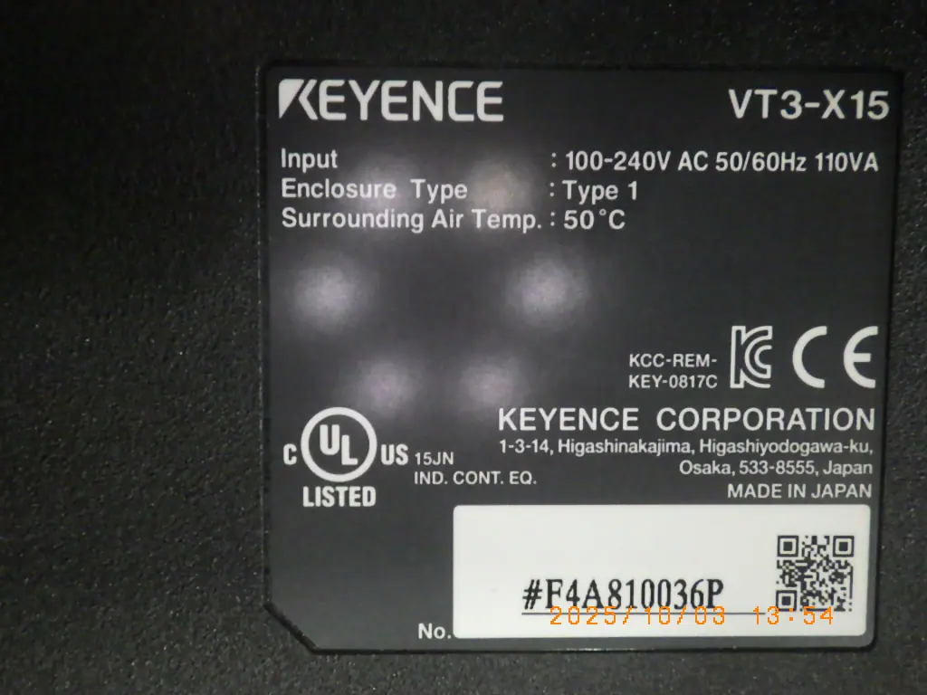 キーエンス Keyence VT3-X15 銘板写真(2/2)