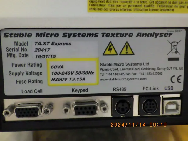 Stable Micro Systems TA.XT Express 銘板写真(2/2)