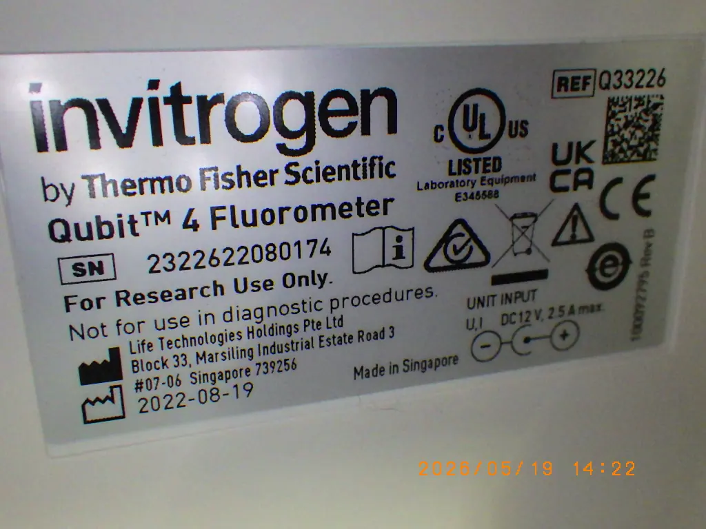 サーモフィッシャーサイエンティフィックThermo Fisher Qubit 4 Fluorometer 銘板写真(2/2)