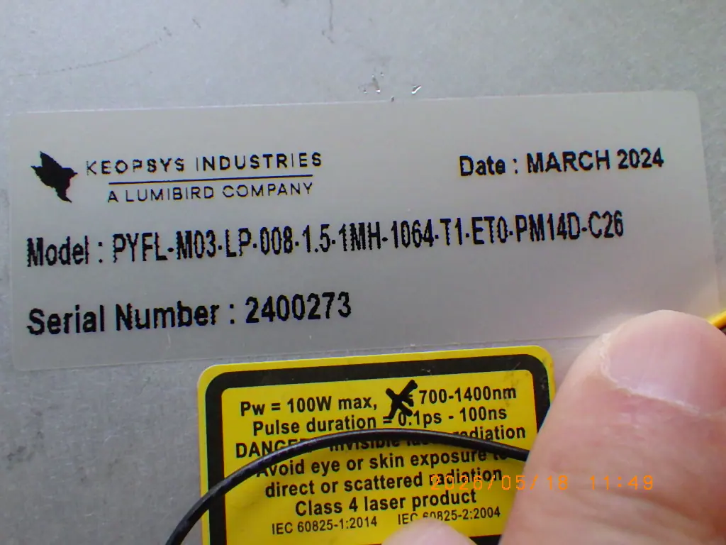 KEOPSYS INDUSTRIES PYFL-M03・LP・008・1.5・1MH-1064・T1・ETO・PM14D・C26 銘板写真(2/2)